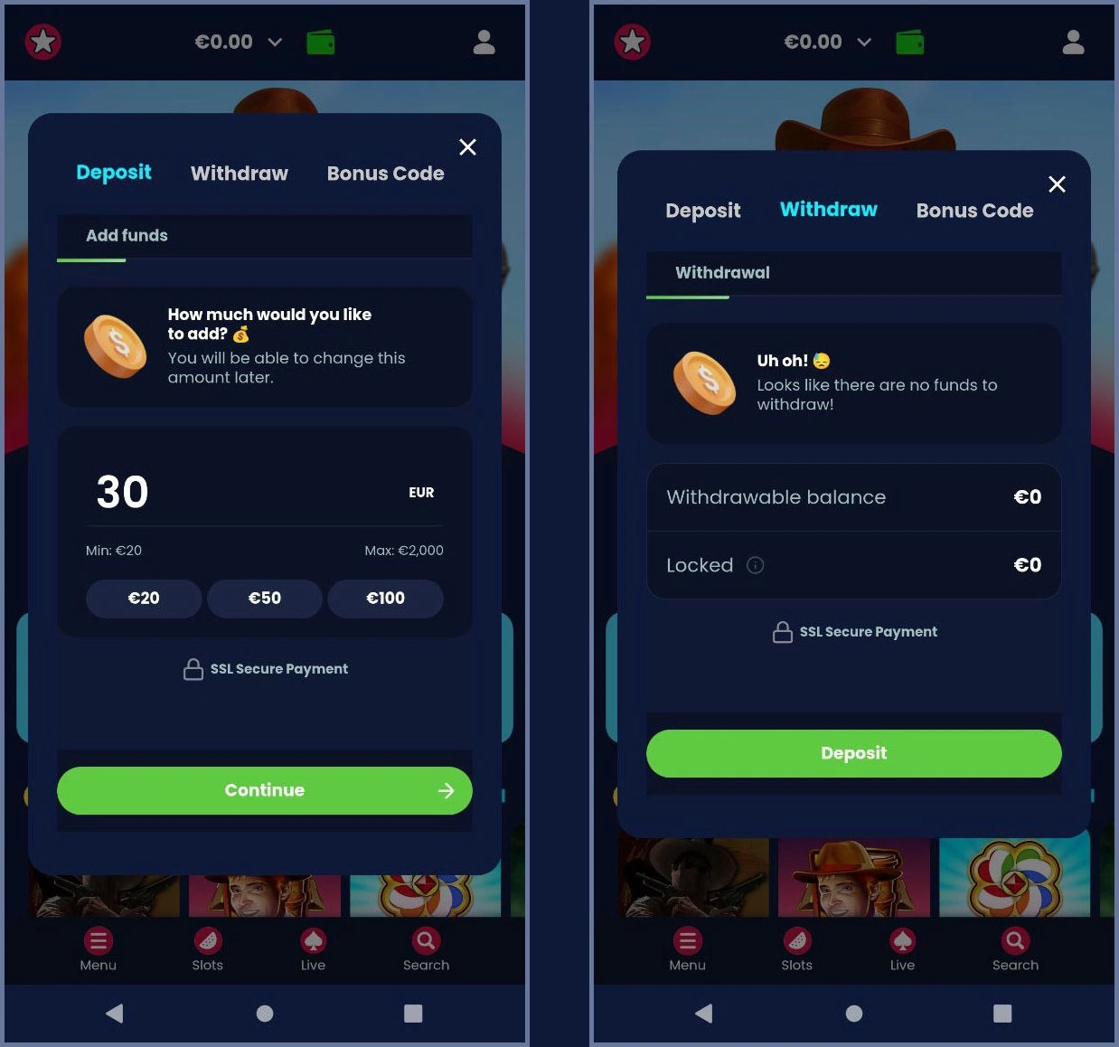 Deposit and withdrawal information at Rich Gringo