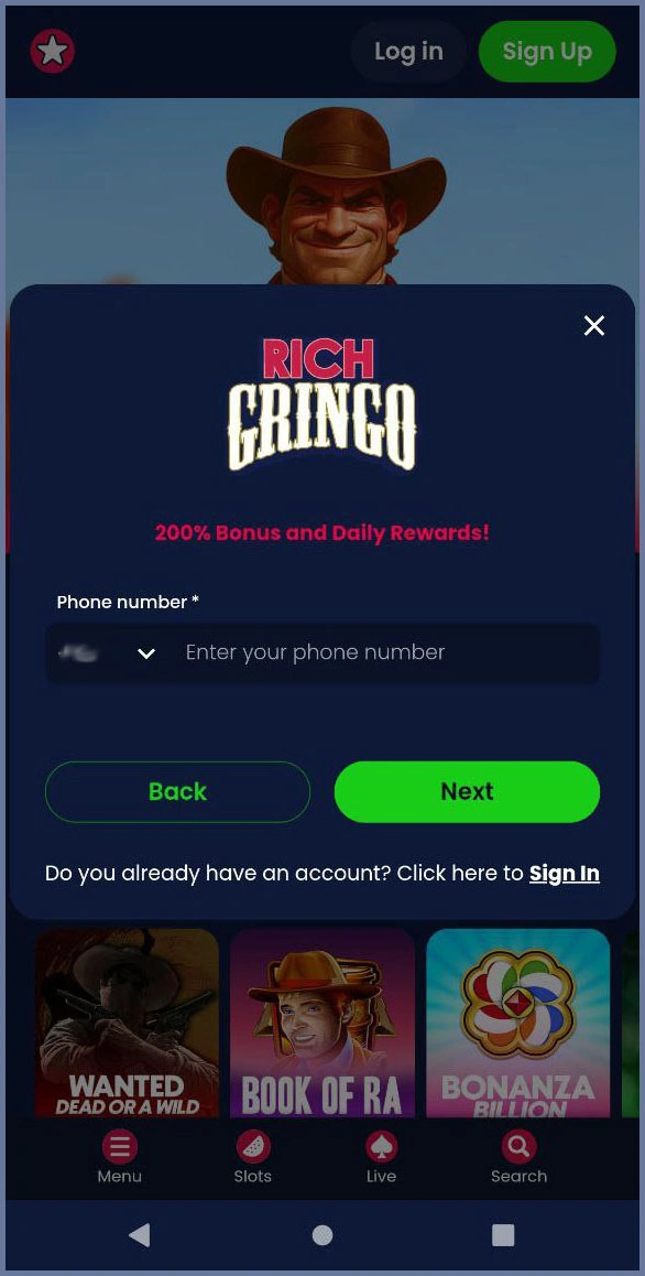 Registration for a new account at Rich Gringo Casino
