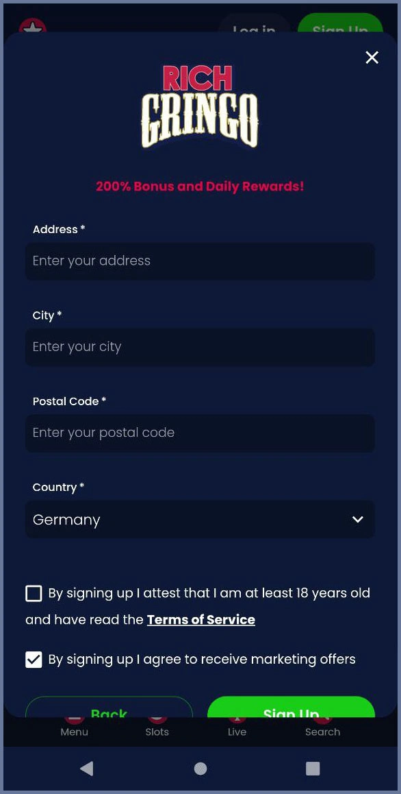 Quickly create a Rich Gringo account for new players