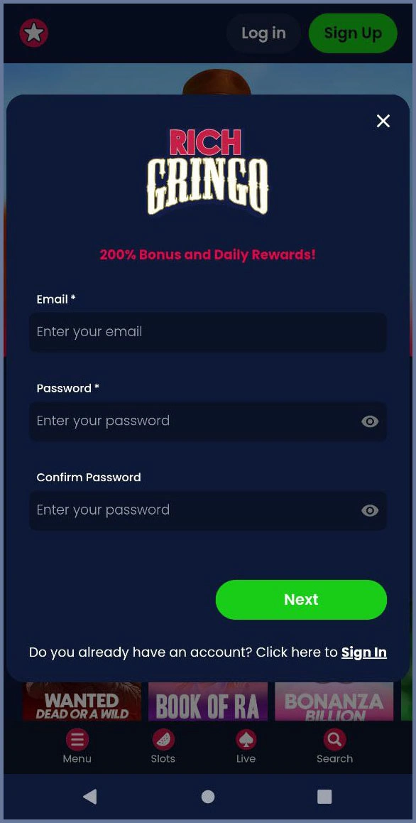 Quick registration for new players at Rich Gringo