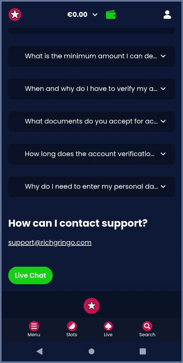 Contact options for support enquiries at Rich Gringo